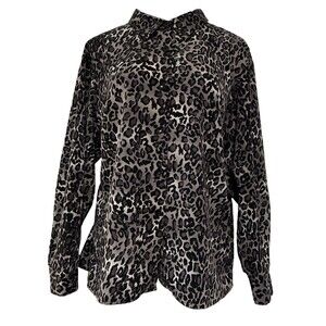 Susan Graver Blouse Button Up Shirt Animal Print Sleeve Black Silver Metallic 2X